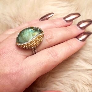 Natural Labradorite & Pave set Hematite Large Silver Ring